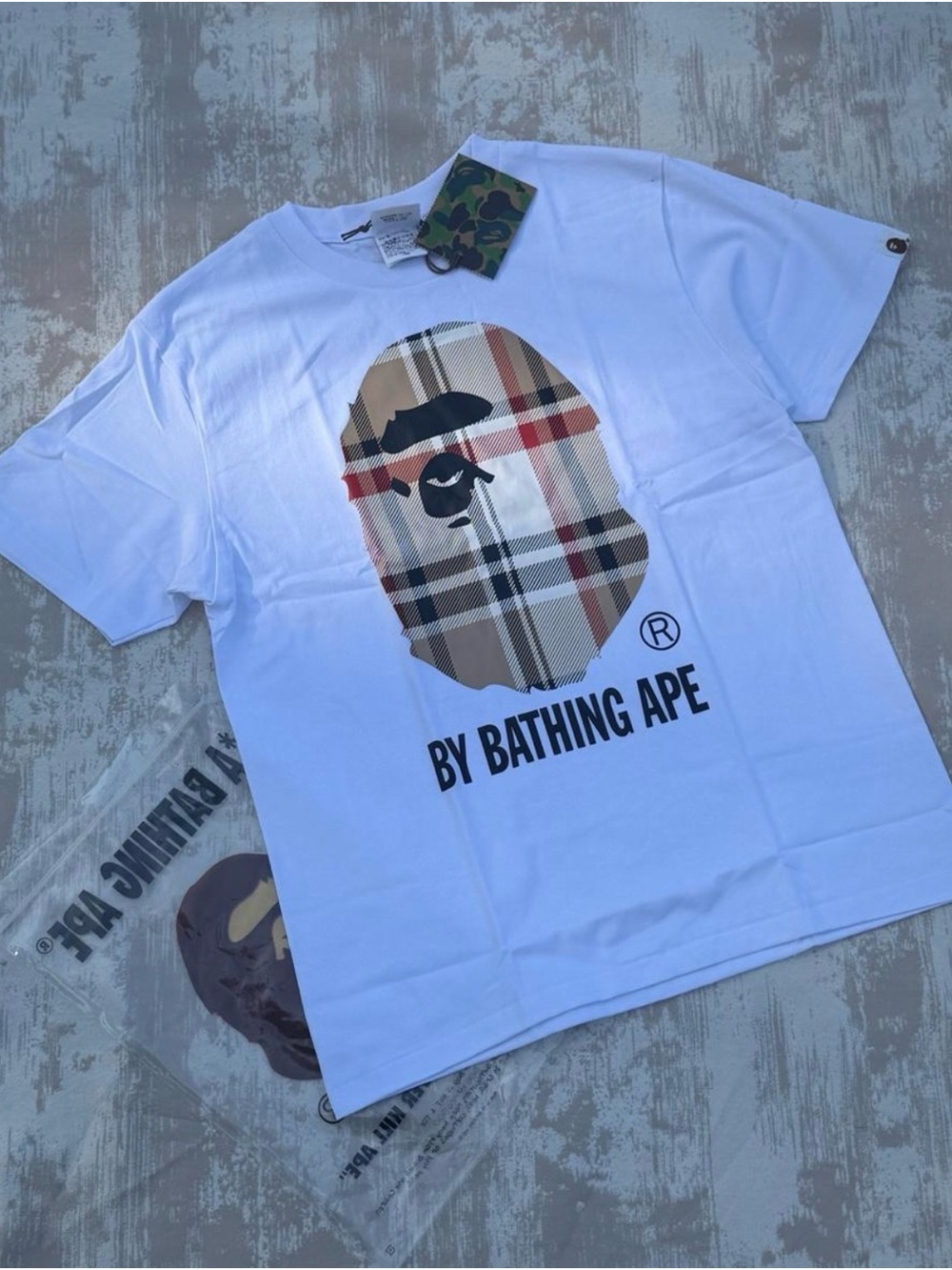 Bape White Tee with Plaid Ape Head Logo